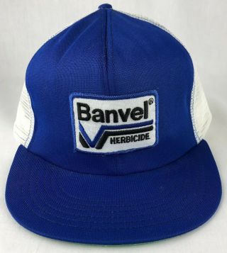 Vintage Banvel Herbicide Patch Snapback Trucker Mesh Hat Cap Blue White Farm