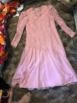 Vintage Sylvia Ann Pink Long Sleeve Dress Size 18 Lace