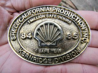 Vtg Shell Oil Belt Buckle Gas Oilfield Kernridge California 1985 Brass Rare Vg,