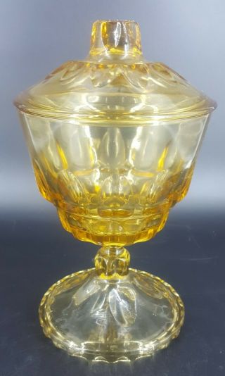 Vintage Hazel - Atlas Footed Covered Compote Candy Dish Thumbprint Yellow Amber