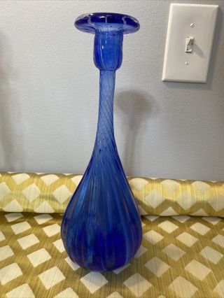 Hand Blown Art Glass Blue White Stripe Twisted Candle Holder/vase