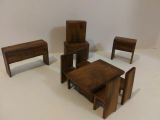 Vintage 8 Piece Dollhouse Dark Wood Dining Room Set - Table &chairs - Hutch - Buffet,