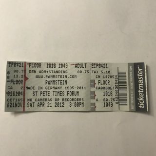 Rammstein St Petersburg Times Forum Florida Concert Ticket Stub April 2012