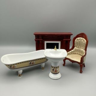 Dolls House Furniture Bundle,  Footed Bath,  Sink,  Fireplace & Chair