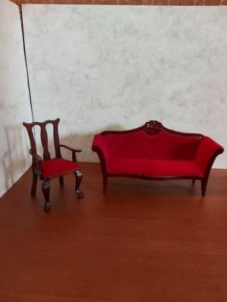 12th Scale Dolls House Furniture Dark Wood Red Velvet Sofa/settee & Chair
