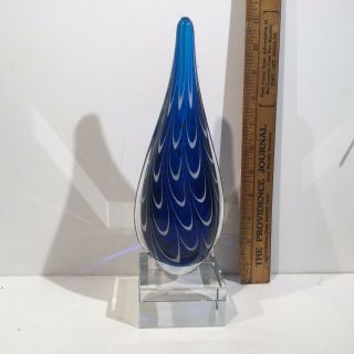 Large Vintage 11” Blue White Draped Art Glass Paperweight W/clear Glass Base
