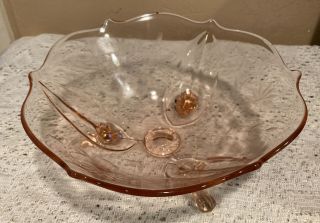 Vintage 8 - 1/2” Pink Depression Glass Etched Three Footed Bowl