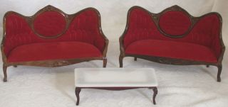 Vintage Dollhouse 2 Sofas Couches And Coffee Table W Faux Marble Top