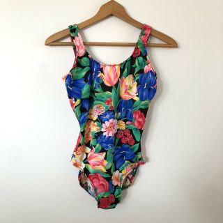 Vintage Lands End Womens Sz 12 Tropical Floral Union Made One Piece Swimsuit
