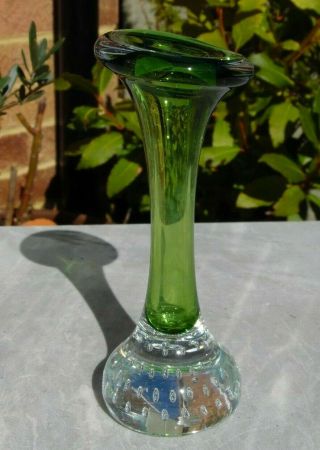 Murano (?) Green Glass Bud Vase With Controlled Bubble Clear Base Height: 15cm