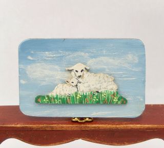 Vintage Wood Folk Art Lamb Sheep Painting Sign Artisan Dollhouse Miniature 1:12