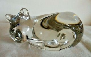 Langham Glass,  Clear Large Curled Sleeping Cat Figure,  Paperweight,  Etched Logo
