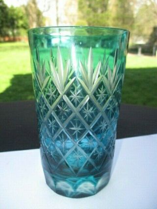 Tumbler Art Glass Bohemia Cut Crystal Star In Diamond Peacock Or Teal Blue 4.  5 "