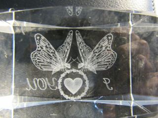 Crystal Clear Glass Vtg.  Cube Paperweight With 3 - D Laser Etched Butterflies