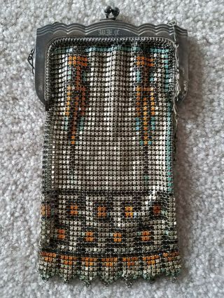 Vintage Metal Mesh Chainmail Fringed Purse Embossed Clasp Art Deco Colored