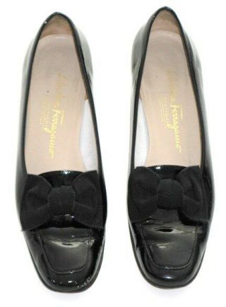 Salvatore Ferragamo Shoes Black Patent Leather Ladies 8 1/2 A4 Vintage 1980 