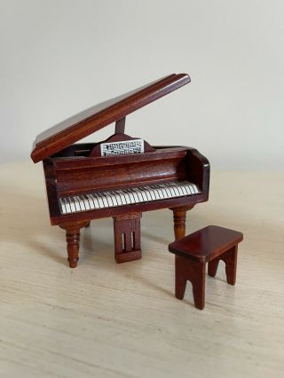 1:12 Dollhouse Miniature Red Wooden Grand Piano With Stool Model Play Doll Music