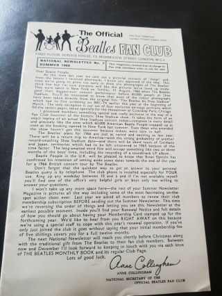 Beatles Fan Club Newsletter No 7 Summer 1966,  Vg.