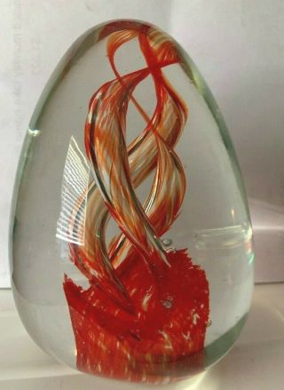 Vintage Art Glass Egg Shaped Red Triple Swirl Paper Weight,  4.  5 " Tall,  11 " Circu
