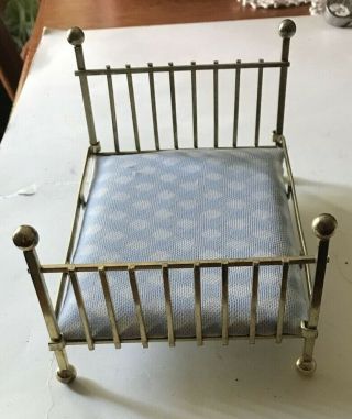 Miniature Doll House Furniture - Metal " Brass " Bed W/ Mattress