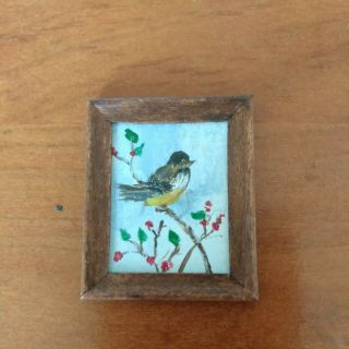 Miniature Hand Painted Framed Bird On Berry Branch Signed " Mn " 1980 1:12