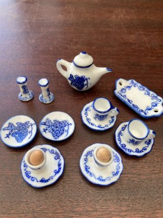 Vintage Doll’s House Miniature Tea Set Blue & White & Candlestick