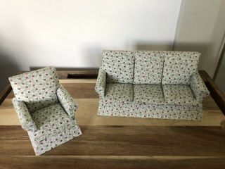 Vintage Dolls House Settee 7.  5 Cm Tall 15.  5 Cm Wide & Chair 8 Cm Tall 7 Cm Wide