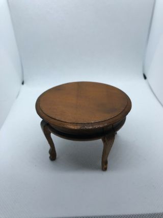 Vintage Doll’s House Round Wooden Dining Table Medium Stain Scroll Legs Good Con