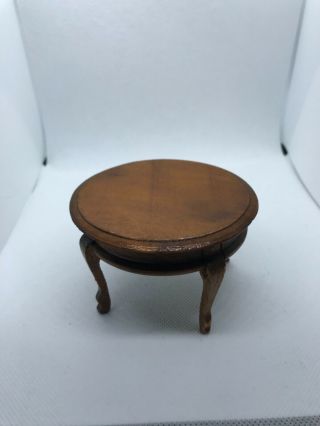 Vintage Doll’s House Round Wooden Dining Table Medium Stain Scroll Legs Good Con 2