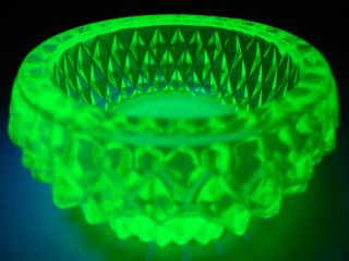 Green Vaseline Glass Salt Cellar Dip Candle Holder Uranium Diamond Glows Yellow