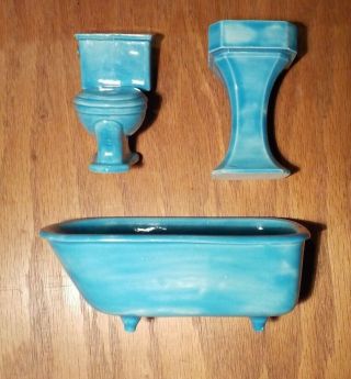 1:12 Scale Dollhouse Ceramic Blue Bathroom Fixtures Tub,  Toilet,  Sink.