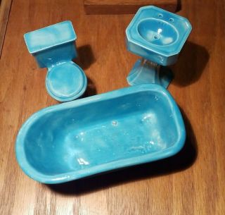 1:12 scale Dollhouse ceramic blue Bathroom Fixtures Tub,  Toilet,  Sink. 2