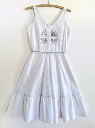 Vintage 70s 80s Dress White Floral Embroidered Cottagecore Sundress