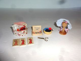 Vintage Dollhouse Miniature Sewing Accessories Basket Hat On Stand Scissors,
