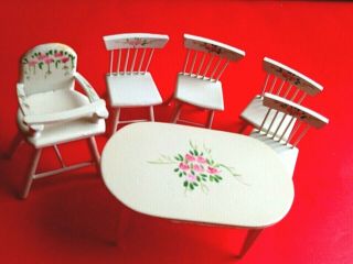 Rare Doll House Furniture Kitchen Table Set 4 Chairs,  Hichair White Pink Floral