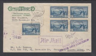 Canada Air Mail Cover Montreal To Sierra Leone 1947 With Passed For Export Cxl.