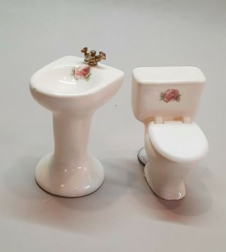 Dollhouse Miniature - Bathroom Pedestal Sink And Toilet With Rose Design