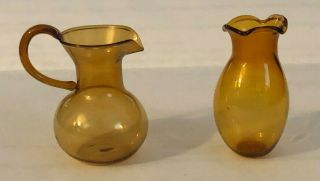 Vintage Set Of (2) Dollhouse Miniatures - Amber Glass Pitcher & Vase -
