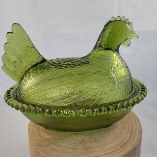 Vintage Green Olive Glass " Hen On A Nest " Covered Dish Beaded