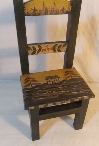 Vintage Doll Furniture Ladder Back Chair Hand Painted Island Scene
