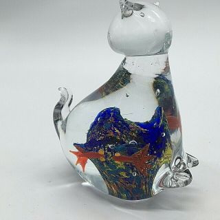 Art Glass Paperweight Cat W/ 3 Pop - Eyed Goldfish & Colorful Reef Inside.  4 " Tall