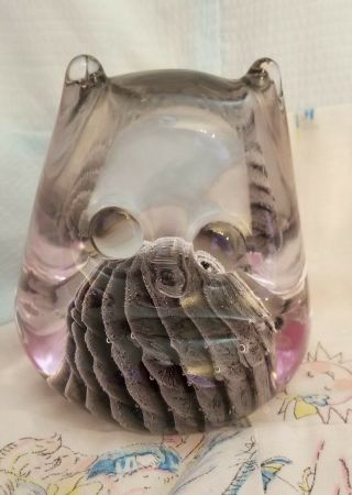 F.  H.  Ronneby Sweden Clear Art Glass Paperweight Owl Inclusions Gray