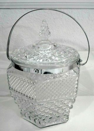 Ice Bucket Or Cookie Jar With Lid & Chrome Handle Vintage Wexford Diamond Glass