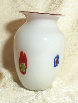 White/red 9 " Art Glass Vase Murano Style Colorful Millefiori