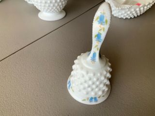 Fenton Floral Milk Glass Hobnail Bell Hand Painted Bluebells 6 In Tall