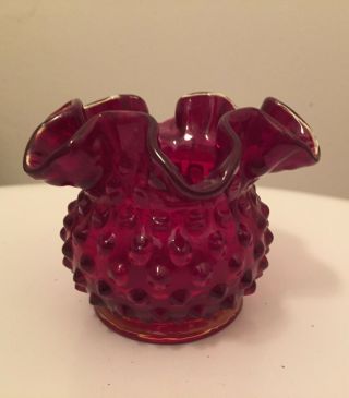 Vintage Fenton Ruby Red Amberina Hobnail Ruffled Vase Glass