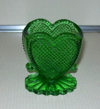 Vintage Degenhart Green Glass Heart Shaped Sweetheart Footed Toothpick Holder