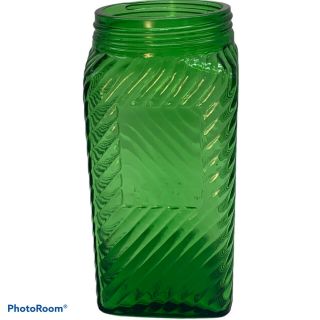 Owens - Illinois Green Depression Glass Square Canister,  Diagonal Ribbed Stripes