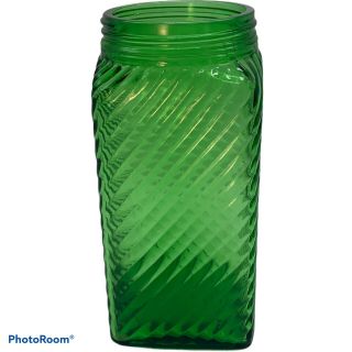 Owens - Illinois Green Depression Glass Square Canister,  Diagonal Ribbed Stripes 2