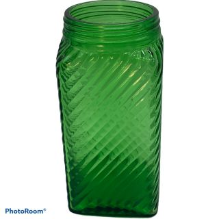 Owens - Illinois Green Depression Glass Square Canister,  Diagonal Ribbed Stripes 3